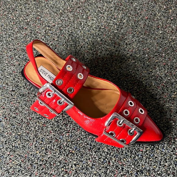 STEVE MADDEN Red & Silver Buckle Patent Leather Ganni Pointed Toe Flat Shoes 8 - Picture 12 of 16